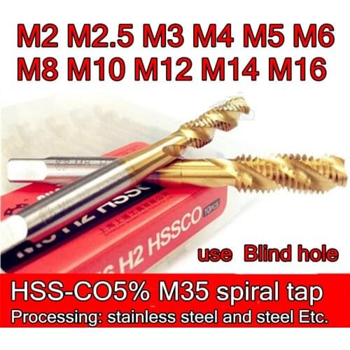 M2 M2.5 M3 M4 M5 M6 M8 M10 M12 M14 M16 HSS-CO5% M35 titanium spiral tap use Blind hole Apex Tap use Tong hole