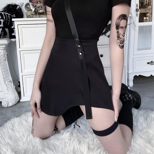 Streetwear Punk Black Mini Skirts Women Harajuku High Waist Bandage A-line Sexy Skirts Summer Girls Asymmetrical Gothic Skirts