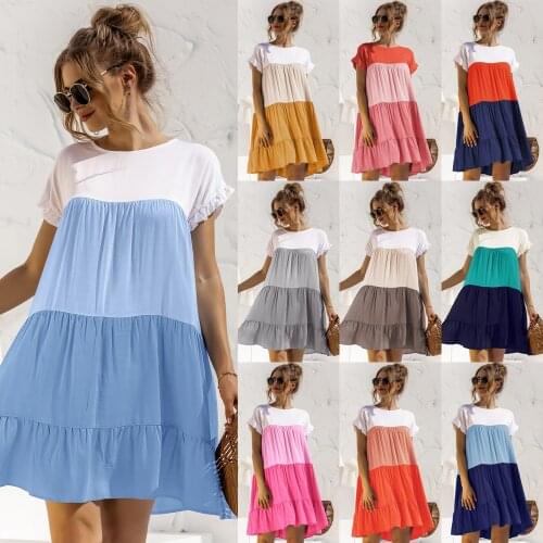 Fashion Summer Vintage Women Casual Dresses Plus Size Ladies Female Mini Loose Ruffle Hem Short Sleeve O-Neck Cupcake Dress