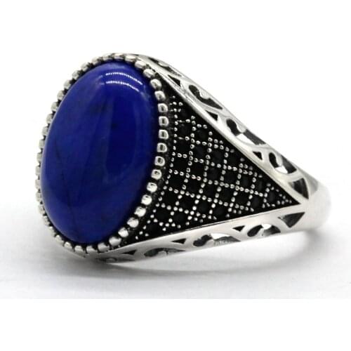925 Sterling Silver Natural Lapis Lazuli Mens Ring With Black Cubic Zircon Retro Thai Silver Ring Ladies Turkish Jewelry