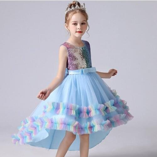 New School Girls Catwalk Performance Trailing Dress Kids Vestidos Sweet Girls Wedding Party Sequined Color Princess Tulle Dress