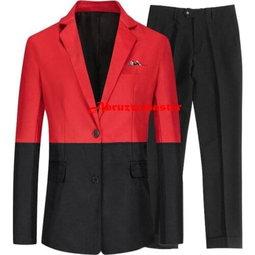 New Design Dinner Suit Red And Black Wedding Suit Spell Color Man Suit Single Breasted Groom Tuxedos (Jacket +pants)