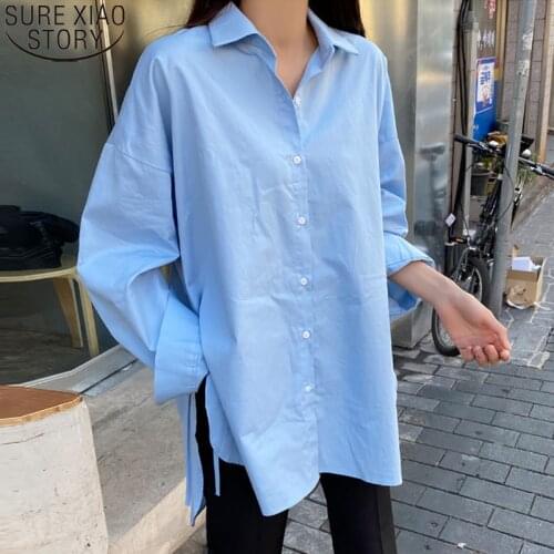 Autumn New Korean Fashion Casual Shirt Loose Oversize Shirts Women Long Sleeve Blouse Cotton Blue Shirt Shirring Blusas 15903