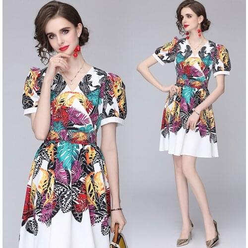 WTIANYUW New 2021 Summer Women Fashion Runway Short Dress Lantern Sleeve Bow Sashes Vintage Print Ladies A-Line Dresses