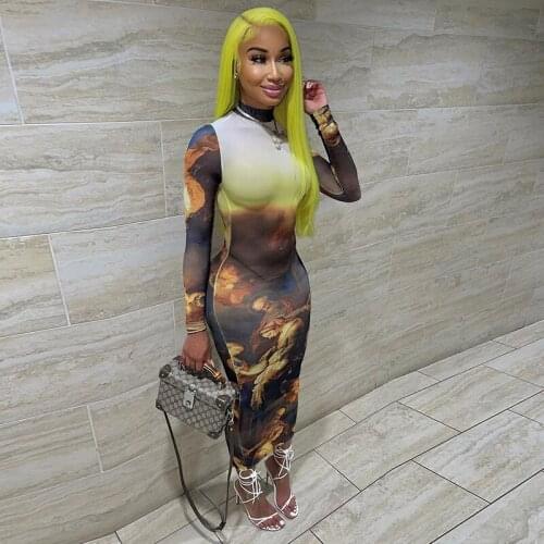 Sexy Mesh See Though Print Bodycon Midi Dress Long Sleeve Summer Outfits for Women Y2k Clothes Office Lady Party Club Dress Robe