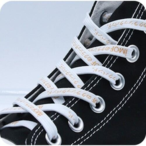 Weiou New 7 MM Flat Shoelaces Silk Screen Polyester Woman Man Shoestrings White with Double Sided Gold Japanese Non Fading Laces
