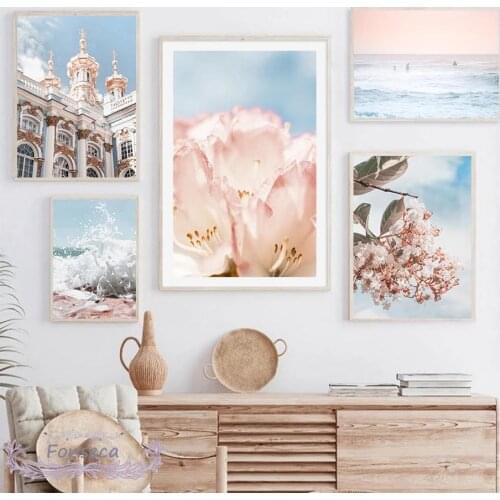 Nordic Sakura Flower Palace Building Canvas Painting Beautiful Spray Waves Beach Seascape Pictures Wall Art Posters and Prints