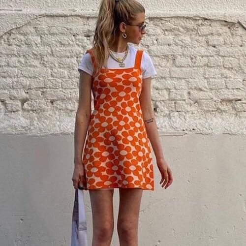 Floral Print Knitted Dresses Y2K Streetwear Square Neck Short Dress Party Beach Orange Backless Mini Dress