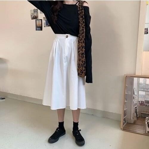 High Waist A-line Skirts Women Simple Cotton White Mid Womens Skirts For Summer Black Skirt Femme Elegant Long Red Skirt Women