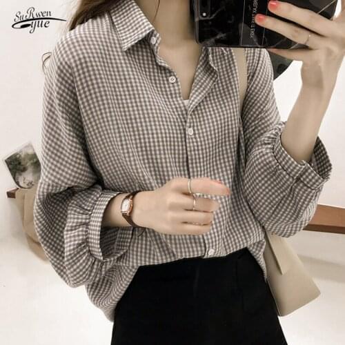 Office Lady Blouse 2021 Spring Plaid Shirt Women Plus Size Korean Puff Sleeve Women Tops and Blouse 4XL Clothes Blusas 8809 50