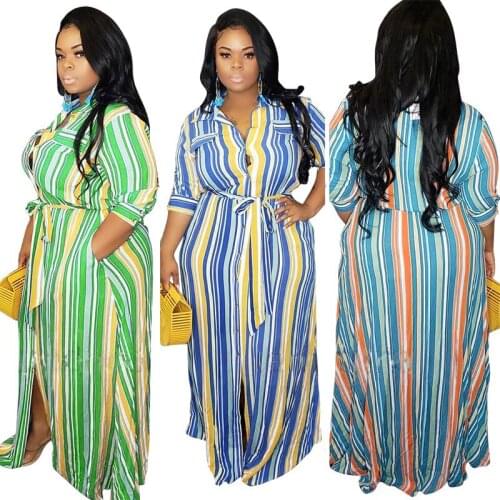 Fashion Striped Casual Women Dresses with Sashes Summer Green Floor To Length Large Dress 5XL Button A Line Plus Size Clothing