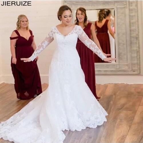 JIERUIZE New V Neck Wedding Dresses Long Sleeves Backless Lace Appliques A Line Wedding Gowns Bride Dresses Vestidos De Novia