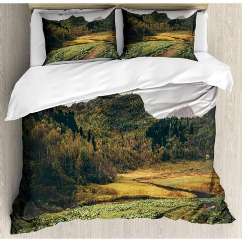 Landscape Duvet Cover Set Scenic Mountainous Landscape Gloomy 3 Piece Bedding Set Evergreen Pale Taupe