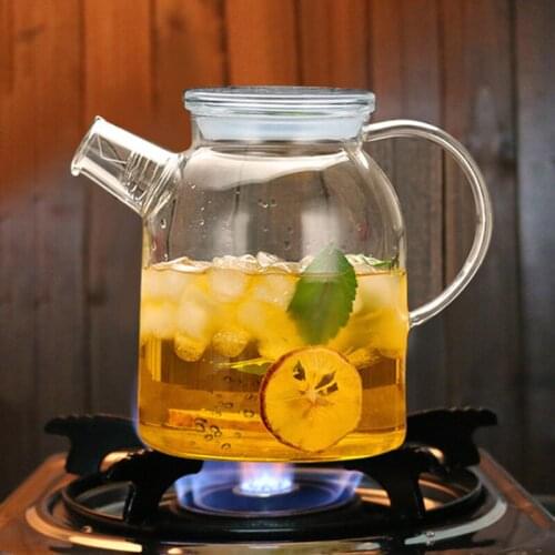 1000mL/1800mL Glass Kettle Water Jug Heat Resistant Flower Teapot with Bamboo Lid Stainless Steel Filter Clear Juice Container