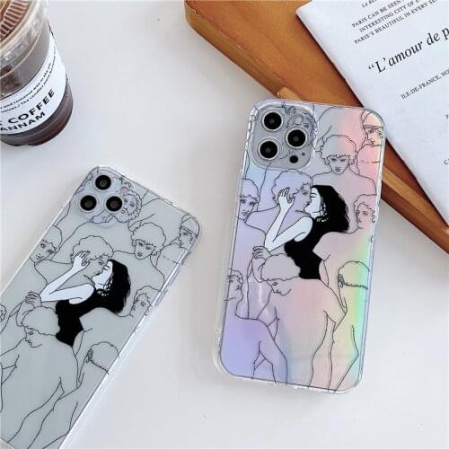 Art Line Transparent Phone Case For iPhone 11 12 11Pro Max Laser Kiss Me Pattern Soft TPU Cover For iPhone X XR XS XsMax 78 Plus