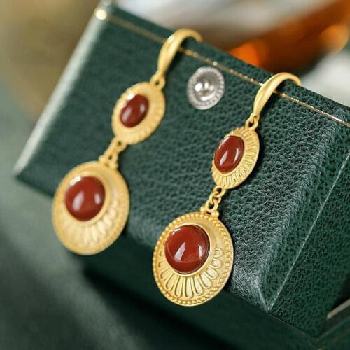 Designer original new ancient gold craftsmanship inlaid southern red jade earrings elegant ladies jewelry