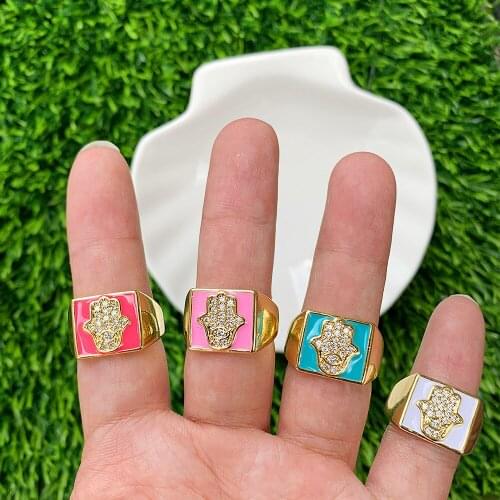 Harms Palm Shape CZ Micro Pave Gold Plated Enamel Ring Adjustable Electroplating Jewelry Anniversary Gift