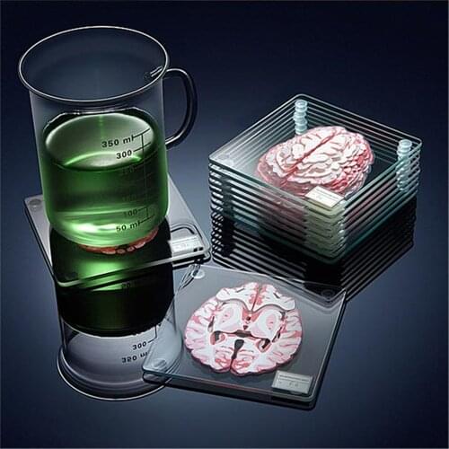 Brain Specimen Coasters Set 3D Organ Brain Artwork Brain Slices Square Acrylic Glass Drinks Table Coaster Drunk Scientists Gift