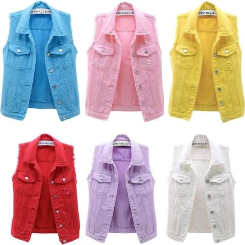 New Womens Fashion Lapel Denim Vest Coat Sleeveless Solid Color Button Down Jean Jacket All-match Ladies Denim Outwear S-5XL