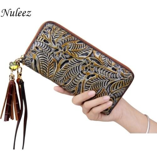 Nuleez Genuine Cow Leather Wallet Women Hand Carving Floral Vintage Purse Perfect and Fashion 2021 New