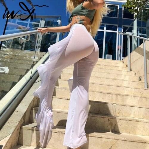 In-X Mesh sexy beach wear See through bikini bottom White ruffle cover-ups women 2020 Long high waist pants Summer swimsuit XL