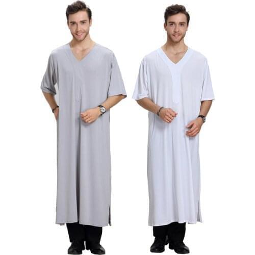 Saudi Men Thobe Robe Islamic Muslim Jubba Dishdasha Arab Kaftan Abaya Short Sleeve Dress Ramadan Dishdasha Clothing Middle East