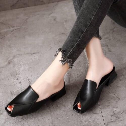 LIHUAMAO PU leather Mules shoes for women slip on square heels peep toe modern slippers comfortable slides shoes