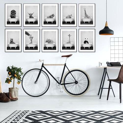 Nordic Poster Minimalist Black White Canvas Painting Funny Animals In The Bathtub Print Wall Picture Living Kids Room Home Decor