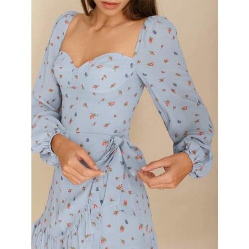 YENKYE Sweet Floral Print Ruffle Dress Women Sexy Collar Long Sleeve Elegant Ladies Dress Summer Short Vestido