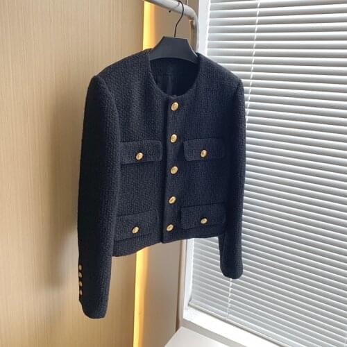 Korean Fashion Streetwear Women 2021 Casual O-neck Black Tweed Jacket Autumn Winter Wool Coats Jackets Chaqueta Mujer