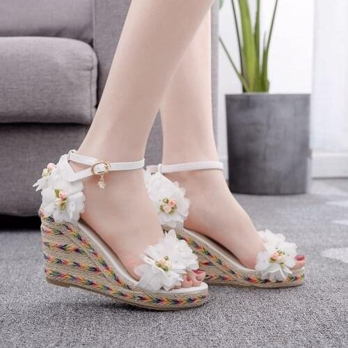 Womens High Heels Sandals Platform Wedges Open Toe Ladies White Flower Wedding Shoes