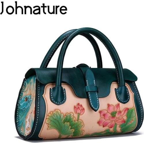 Johnature Leather Carving Luxury Handbags Women Bags Designer 2020 New Retro First Layer Cowhide Lotus Totes Chinese Style Bag
