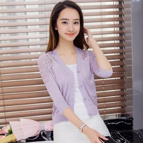 Women 2021 Spring Summer Fashion V-neck Cardigan Tops Female Short Thin Solid Color Shirts Ladies Slim Sunscreen Blouses L100