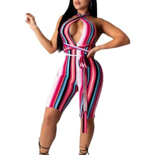 Womens Sexy Cross Halter Jumpsuit Fashion Striped Tight Short Romper Sleeveless Skinny Summer New Backless Sexy Jumpsuit Club