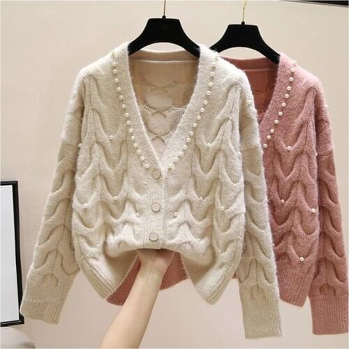 Sweet Pearl Knitted Cardigan Sweaters Elegant Thick Women Loose Casual Sweater Coat Cute V Neck Single Breasted Jacket