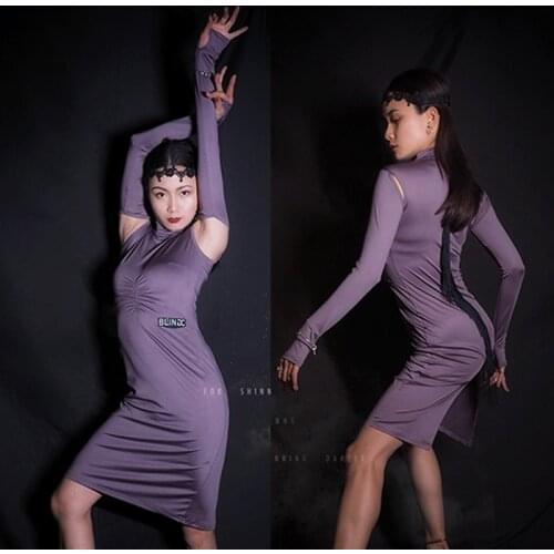 2020 New Latin Dance Dress Party Prom Purple Dress Elegant Slim Split Fringe Skirt Practice Ballroom Tango Dress Standard 632