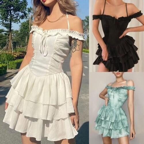 Women Sexy Halter Ruffles Off Shoulder Mini Dress Lace-Up Layered Swing Sundress