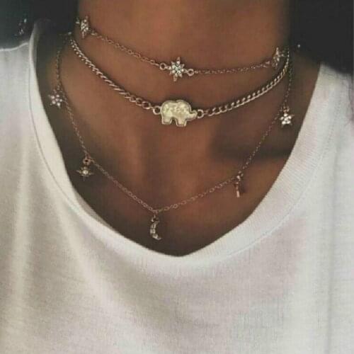 Zkceenier Elephant Pendant Necklace Fashion Multi-layered Choker Necklace Moon Stars Female Necklace Combination Clavicle Chain