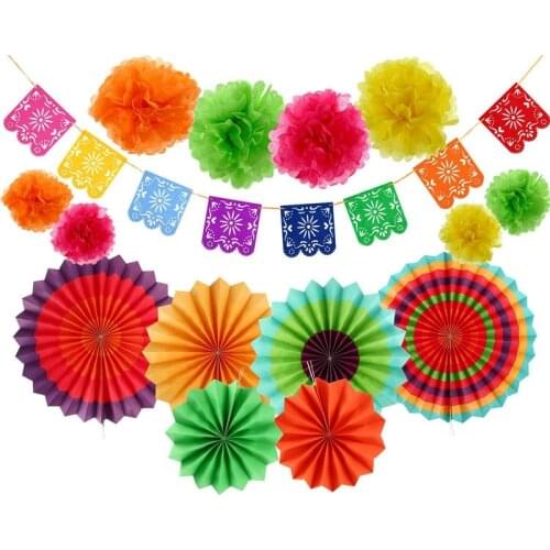 15pcs of Mexican Party Decoration Table Runner Paper Fan Pompom Ball Felt Colorful Banner Garland Suit Supplies