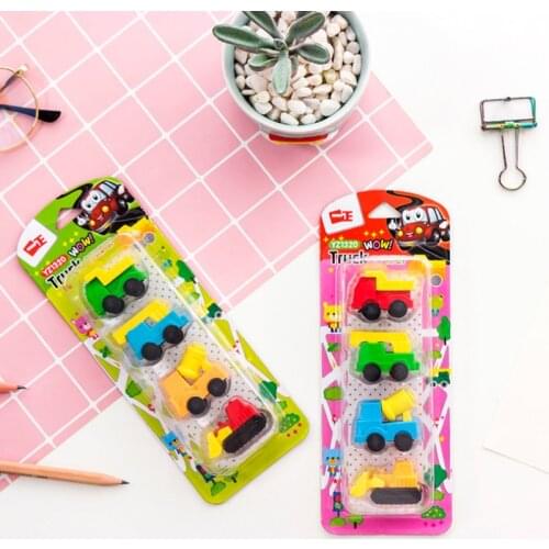 4 pcs Engineering Vehicle Eraser Kawaii Pencil Eraser Creative For Kids Funny Erasers Promotional Stationery School Supplies