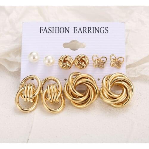 Fashion Geometric Circle Earrings 5-piece Set Pearl Butterfly Exaggerated Twisted Ear Ring for Women Vintage Jewelry Accessories