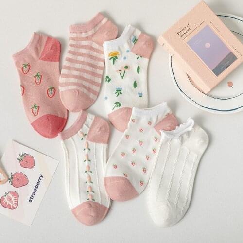 6 Pairs Fruit Printed Short Sock Lovely Harajuku Japanese Style Cotton Cute Socks Striped Breathable Casual Cartoon Socks