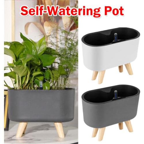 Automatic Self-Watering Double Flowerpot Planter with Water Level Indicator Anti-slip Wooden Tripod Plant Pot Desktop Room Decor