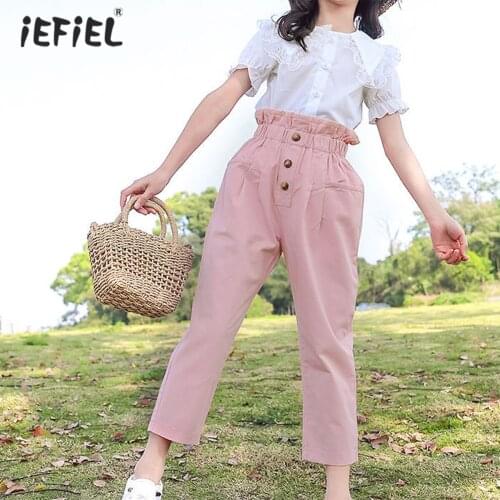 3-14Y Kids Girls Clothes Sets Summer Fashion Lace Ruffle Shoulder Shirt Tops + Pants Outfits 2Pcs Children Teenage Outfits Set