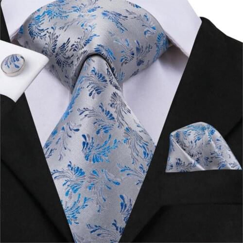 Hi-Tie Mens Silk Blue Floral Tie Fashion Silver Grey Ties for Men Luxury Silk Necktie Set for Wedding Business Suit Ties SN-3028