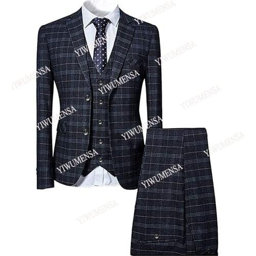 Classic Vintage Single Breasted Plaid Check Jacket+Vest+Pants Slim Fit Formal Business Wedding Groomsmen Wear Blazers Mens Suits
