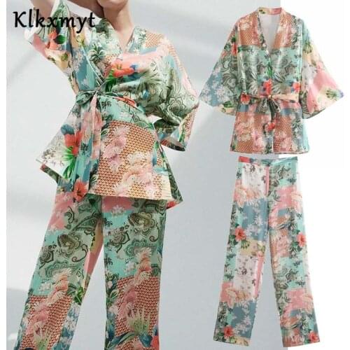 Klkxmyt Za Women 2 Pieces Set 2021 Patchwork Printed With Belt Kimono Tops+High Waisted Wide Leg Pants Suit Woman Ourfit Sets