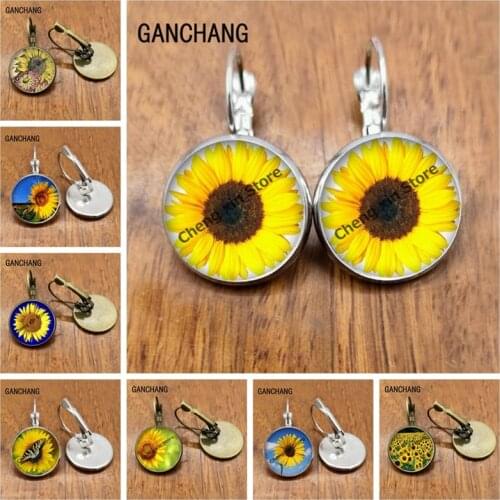 Beautiful yellow sunflower glass convex round flower image glass earrings