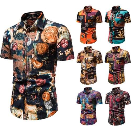 Mens Paisley Shirt Short Sleeved Turn Down Collar Beach Cardigan Shirt with Print Casual Single-Breasted Slim Type Tops