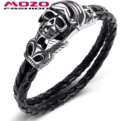 2020 Mens Jewelry Black Genuine Leather Bracelet Stainless Steel Skull Skeleton Punk Charm Women Bangle Gifts For men